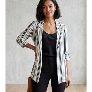 LE LIS Vertical Stripe Open Front Jacket Womens M‎ Black White Roll Sleeve Crepe